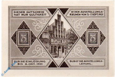 Notgeld Lübeck , 75 Pfennig Schein 4 , blaugrau braun , Mehl Grabowski 826.2 , von 1921 , Schleswig Holstein Seriennotgeld