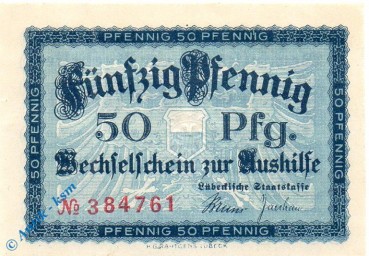 Notgeld Lübeck , Stadt , 50 Pfennig Schein , Tieste 4250.20.10 , von 1918 , Schleswig Holstein Verkehrsausgabe