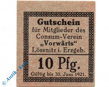 Notgeld Lössnitz , Consum Verein , 10 Pfennig Schein graugrün , Tieste 4195.05.25.2 , Sachsen Verkehrsausgabe