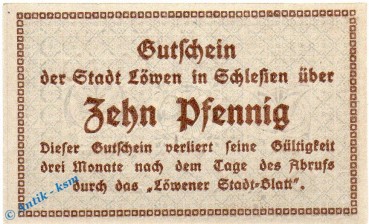 Preview: Notgeld Löwen , 10 Pfennig Schein in kfr. Tieste 4200.05.15 , von 1920 , Schlesien Verkehrsausgabe