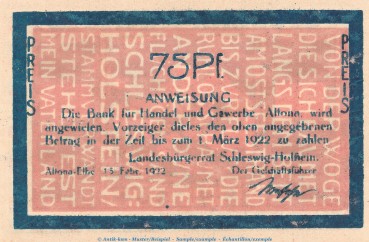 Preview: Notgeld Landesbürgerrat Altona 29.1.b , 75 Pfennig Nr.2 schwarz -L über B- in kfr. von 1922 , Hamburg Seriennotgeld