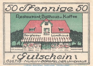 Notgeld Landhaus Borgfelder Bremen 161.1 , 50 Pfennig Schein in f-kfr , Bremen Seriennotgeld