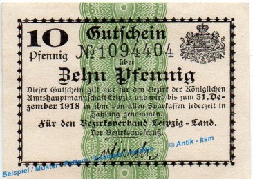 Notgeld Leipzig Land , 10 Pfennig Schein in kfr. Tieste 3990.05.01 , o.D. Sachsen Verkehrsausgabe
