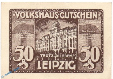 Notgeld Leipzig , Volkshaus , 50 Pfennig Schein Nr 1 in kfr. braun blau , Mehl Grabowski 786.2 , Sachsen Seriennotgeld