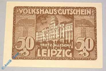 Notgeld Leipzig , Volkshaus , 50 Pfennig Schein Nr 2 , braun braun , Mehl Grabowski 786.2 , Sachsen Seriennotgeld