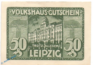 Notgeld Leipzig , Volkshaus , 50 Pfennig Schein Nr 2 , grün braun , Mehl Grabowski 786.4 , Sachsen Seriennotgeld