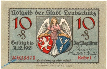 Notgeld Leobschütz , 10 Pfennig Schein Reihe I in kfr. Tieste 4020.05.16 , o.D. Schlesien Verkehrsausgabe