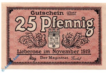 Notgeld Lieberose , 25 Pfennig Schein 1919 , Tieste 4065.05.02 , von 1919 , Brandenburg Verkehrsausgabe