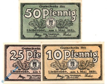Notgeld Lieberose , Set mit 3 Scheinen , 1921 , Tieste 4065.05.15 bis 17 , von 1921 , Brandenburg Verkehrsausgabe
