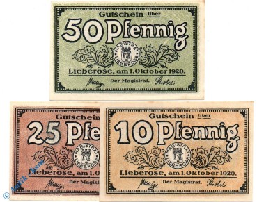 Notgeld Lieberose , Set mit 3 Scheinen , Okt. 1920 , Tieste 4065.05.10 bis 12 , von 1920 , Brandenburg Verkehrsausgabe