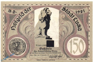 Preview: Notgeld Stadt Lucka 816.1 , 150 Pfennig Schein in kfr. von 1921 , Thüringen Seriennotgeld