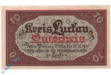 Notgeld Luckau , 10 Pfennig Schein - 31.12.1919 , Tieste 4225.05.20 , von 1917 , Brandenburg Verkehrsausgabe