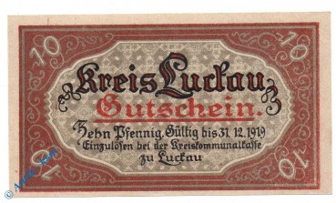 Notgeld Luckau , 10 Pfennig Schein , 4 Us , Tieste 4225.05.10 , von 1917 , Brandenburg Verkehrsausgabe