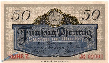 Preview: Notgeld Luckau , 50 Pfennig Schein in kfr. Tieste 4225.05.31 , von 1917 , Brandenburg Verkehrsausgabe