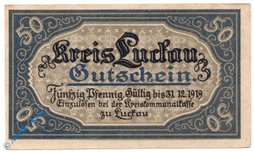 Notgeld Luckau , 50 Pfennig Schein , o. Wz , Tieste 4225.05.11 , von 1917 , Brandenburg Verkehrsausgabe