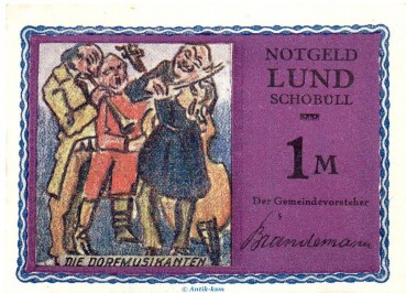 Preview: Notgeld Lund - Schobüll 844.1.b , 1 Mark Schein -altrosa- in kfr. o.D. Schleswig Holstein Seriennotgeld