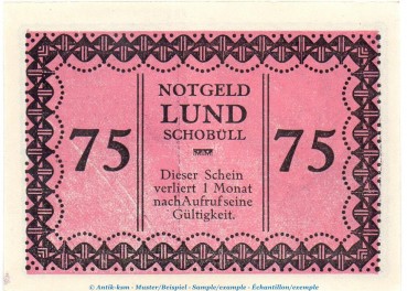 Notgeld Lund - Schobüll 844.2.b , 75 Pfennig Schein -violettrosa- in kfr. o.D. Schleswig Holstein Seriennotgeld