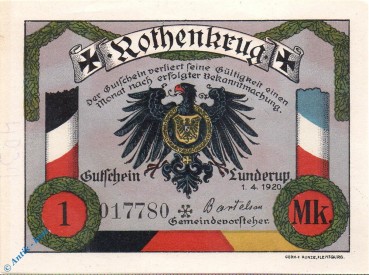 Notgeld Lunderup , Rothenkrug , 1 Mark Schein , Mehl Grabowski 846.1 a , von 1920 , dänisch Nordschleswig Seriennotgeld