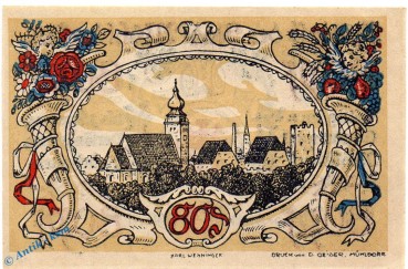 Preview: Notgeld Mühldorf , Einzelschein über 80 Pfennig oliv in kfr. Mehl Grabowski 904.3 , Bayern Seriennotgeld