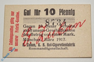 Notgeld München , Zuban Cigarettenfabrik , 10 Pfennig Schein , Tieste 4680.2065.06 , Bayern Verkehrsausgabe