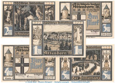 Notgeld Magistrat Attendorn 51.1.b , Set mit 5 Scheinen -Datum + Us.- in kfr. o.D. Westfalen Seriennotgeld