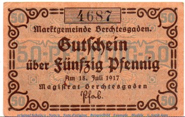 Notgeld Marktgemeinde Berchtesgaden 0425.05.01 , 50 Pfennig Schein in gbr. von 1917 , Bayern Verkehrsausgabe
