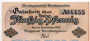 Notgeld Marktgemeinde Berchtesgaden 0425.05.05 , 50 Pfennig Schein in kfr. von 1918 , Bayern Verkehrsausgabe