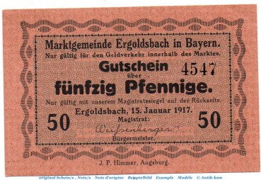 Notgeld Marktgemeinde Ergoldsbach 1760.05.11 , 50 Pfennig Schein in kfr. von 1917 , Bayern Verkehrsausgabe