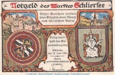 Notgeld Marktgemeinde Schliersee 1182.1 , 25 Pfennig Schein in kfr. von 1921 , Bayern Seriennotgeld