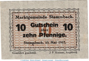Notgeld Marktgemeinde Stammbach , 10 Pfennig Schein in kfr. Tieste 7070.05.15 von 1917 , Bayern Verkehrsausgabe