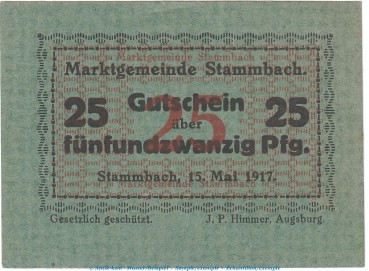 Notgeld Marktgemeinde Stammbach , 25 Pfennig Schein in kfr. Tieste 7070.05.04 von 1917 , Bayern Verkehrsausgabe