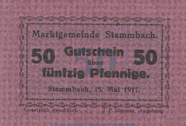 Notgeld Marktgemeinde Stammbach , 50 Pfennig Schein in kfr. Tieste 7070.05.13 von 1917 , Bayern Verkehrsausgabe