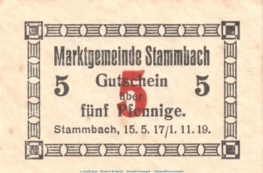 Stammbach , Notgeld 5 Pfennig Schein in kfr. Tieste 7070.05.85  Bayern 1917 Verkehrsausgabe