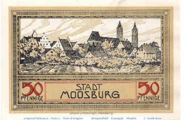 Preview: Notgeld Moosburg , 50 Pfennig Schein Antiqua in kfr. Tieste 4635.05.06 , o.D. Bayern Verkehrsausgabe