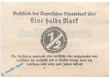 Preview: Notgeld Nürnberg , Staatsbank , 50 Pfennig Schein in kfr. Tieste 5190.010.05 , von 1918 , Bayern Verkehrsausgabe