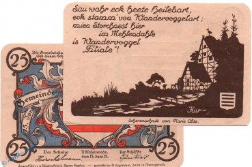 Notgeld Nöschenrode , blau , 25 Pfennig Schein Nr 2 in kfr. Mehl Grabowski 980.9 , von 1921 , Sachsen Anhalt Seriennotgeld