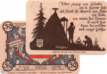 Notgeld Gemeinde Nöschenrode 980.9 , 50 Pfennig Nr 4 in kfr. blau , von 1921 , Sachsen Anhalt Seriennotgeld