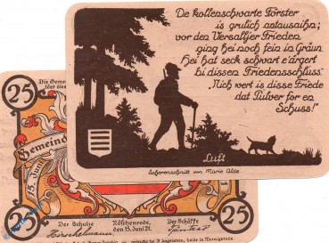 Notgeld Gemeinde Nöschenrode 980.8 , 25 Pfennig gelb Nr.1 in kfr. von 1921 , Sachsen Anhalt Seriennotgeld