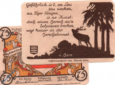 Notgeld Nöschenrode , gelb , 75 Pfennig Schein 6 in kfr. Mehl Grabowski 980.8 , von 1921 , Sachsen Anhalt Seriennotgeld