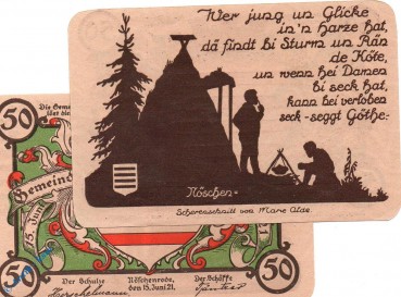Notgeld Nöschenrode grün , 50 Pfennig Schein Nr 2 in kfr., Mehl Grabowski 980.11 , von 1921 , Sachsen Anhalt Seriennotgeld