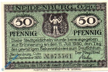Notgeld Neidenburg , 50 Pfennig Schein , schwarze Kn , Mehl Grabowski 932.2 , von 1920 , Ostpreussen Seriennotgeld