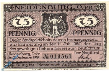 Notgeld Neidenburg , 75 Pfennig Schein , schwarze Kn , Mehl Grabowski 932.2 , von 1920 , Ostpreussen Seriennotgeld