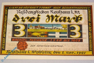 Notgeld Neuhaus , 3 Mark Schein , Druckfehler , Mehl Grabowski 945.1 , von 1921 , Westfalen Seriennotgeld