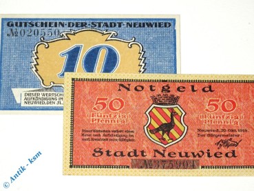 Notgeld Neuwied , Set mit 2 Scheinen , Tieste 5025.10.15 und 25 , von 1919 + 21 , Rheinland Verkehrsausgabe