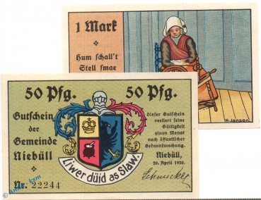 Notgeld Niebüll , Set mit 2 Scheinen in kfr. Mehl Grabowski 970.1 , von 1920 , Schleswig Holstein Seriennotgeld