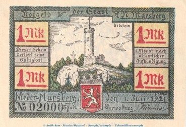 Notgeld Nieder Marsberg 971.2 , 1 Mark Schein in kfr. von 1921 , Westfalen Seriennotgeld