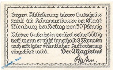 Preview: Notgeld Nienburg , 50 Pfennig Schein in kfr. Tieste 5105.05.06 , von 1919 , Niedersachsen Verkehrsausgabe
