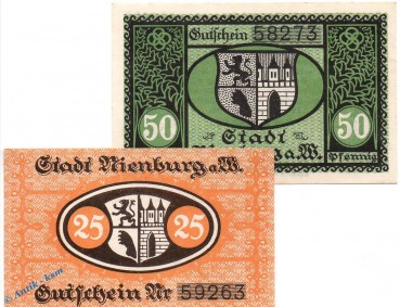 Notgeld Stadt Nienburg 5105.05.10-11 , Set mit 2 Scheinen in kfr. o.D. Niedersachsen Verkehrsausgabe