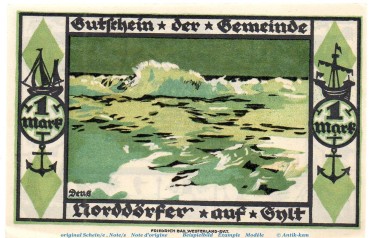 Notgeld Norddörfer Wenningstedt 1405.1 , 1 Mark Schein in kfr. von 1921 , Schleswig Holstein Seriennotgeld