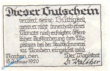 Preview: Notgeld Norden , 25 Pfennig Schein in kfr. Tieste 5150.05.70 , von 1920 , Hannover Verkehrsausgabe